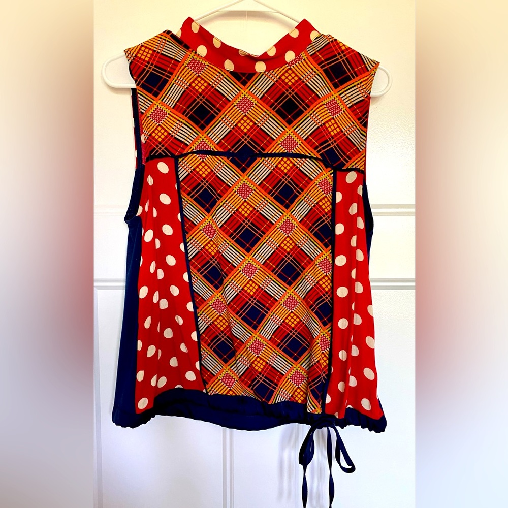 ANTHROPOLOGIE top, mixed fabric, satin ribbon details, red polka dot, navy.